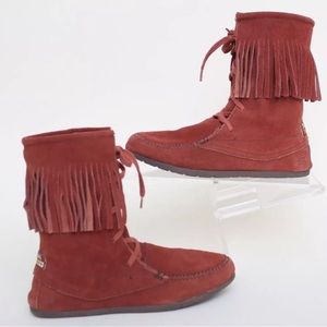 Skechers Fringes Suede Leather Lace Up Boots Boho